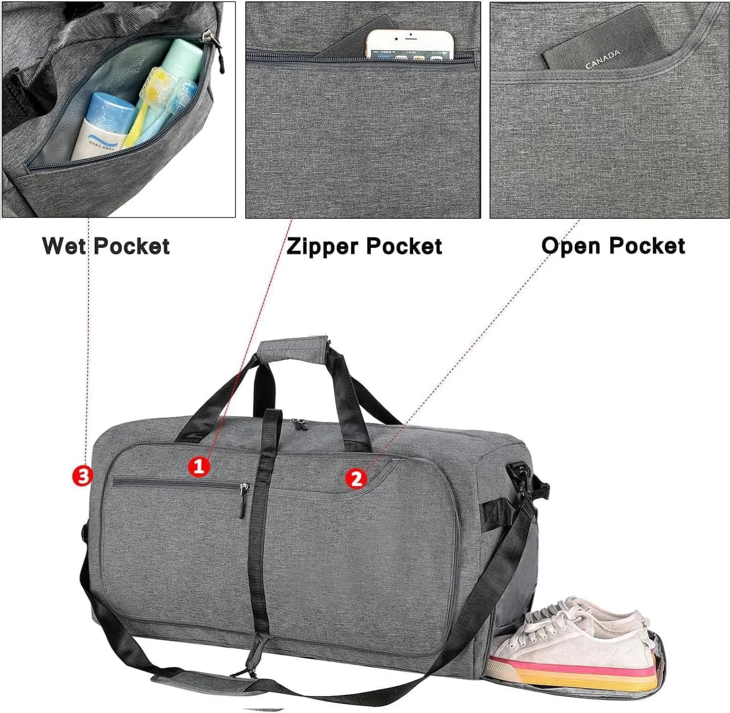 Travel Duffle Bag for Men, Extra Large Foldable Duffel Bags for Traveling with Shoes & Wet Compartment Waterproof Weekender Gym Bag for Men Women(150LDarkgrey)
