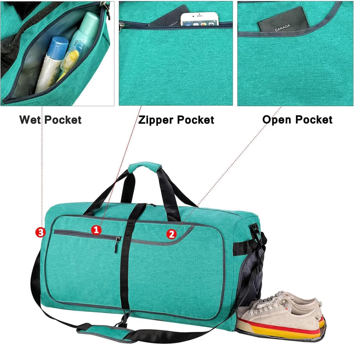 Travel Duffle Bag for Men, Large Foldable Duffel Bags for Traveling with Shoes & Wet Compartment Waterproof Weekender Gym Bag for Men Women(65LTeal)