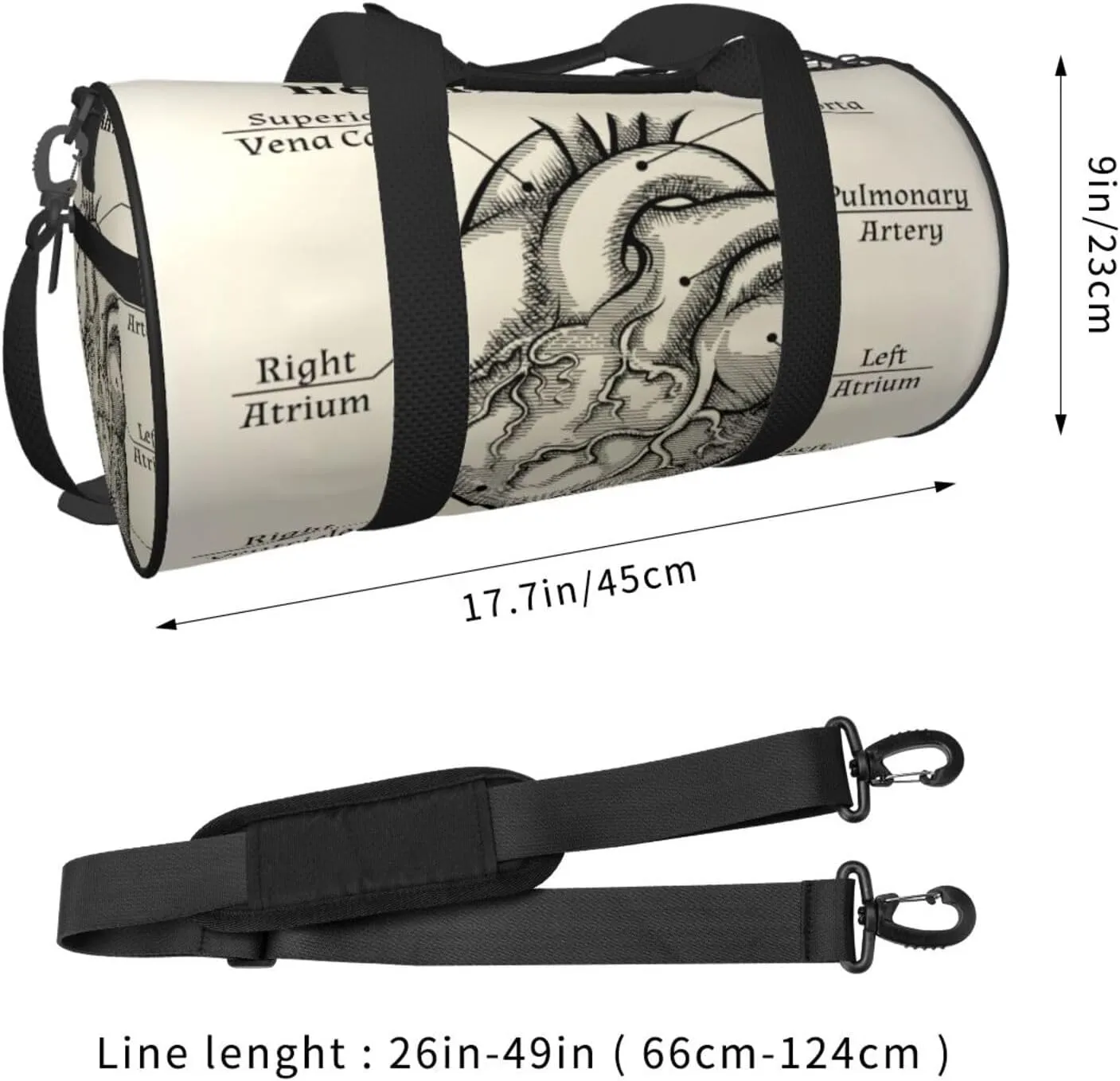 Travel Duffle Bag for Men Women, Heart Anatomy Black White Duffle Bags for Sport Gym Overnight Luggage