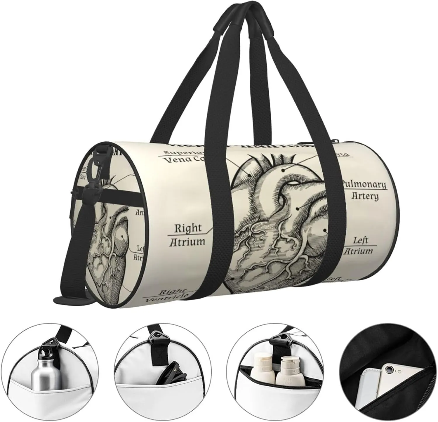 Travel Duffle Bag for Men Women, Heart Anatomy Black White Duffle Bags for Sport Gym Overnight Luggage