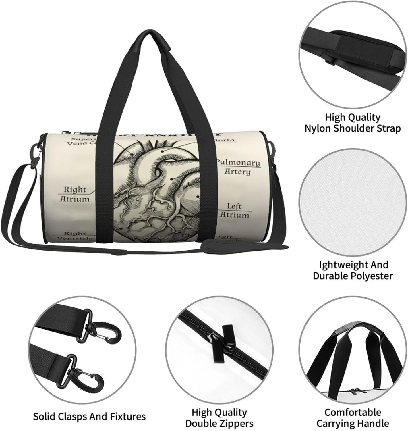 Travel Duffle Bag for Men Women, Heart Anatomy Black White Duffle Bags for Sport Gym Overnight Luggage
