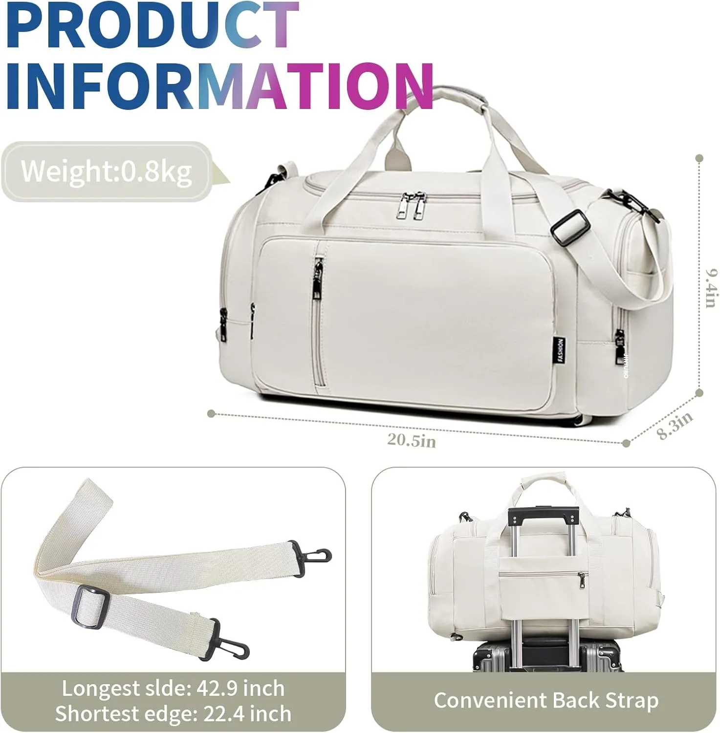 Travel Duffle Bag for Women,Gym Bag with Shoe Compartment,Weekend overnight bag with wet pocket,Waterproof carry on Travel Bag(White)