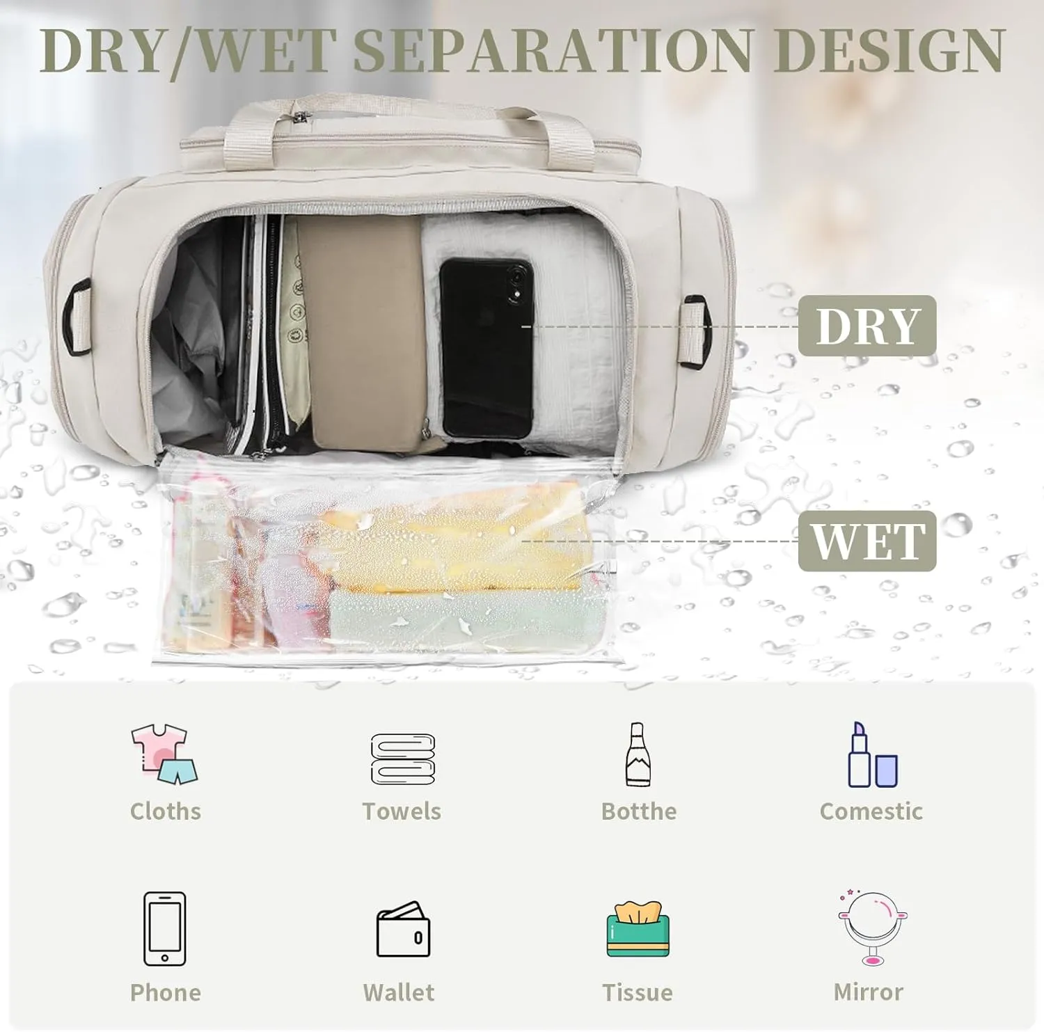 Travel Duffle Bag for Women,Gym Bag with Shoe Compartment,Weekend overnight bag with wet pocket,Waterproof carry on Travel Bag(White)