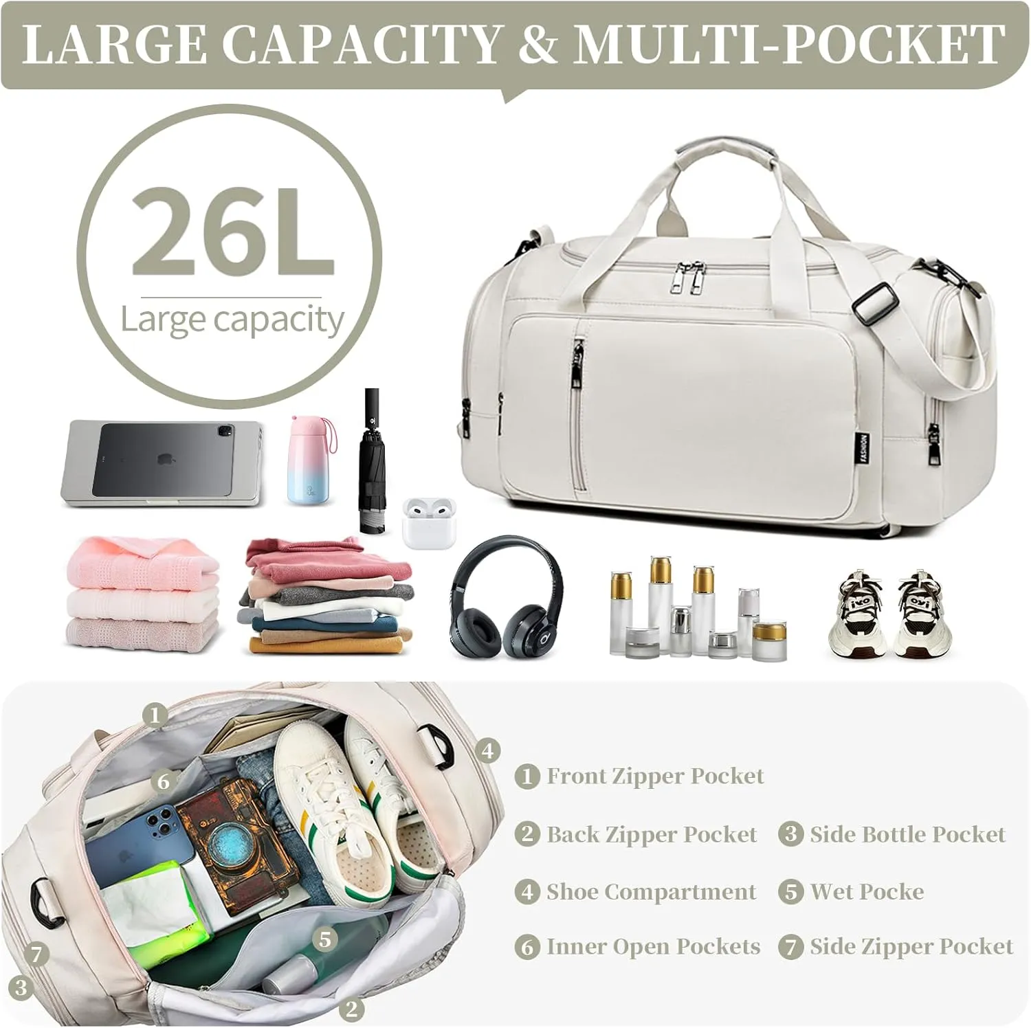 Travel Duffle Bag for Women,Gym Bag with Shoe Compartment,Weekend overnight bag with wet pocket,Waterproof carry on Travel Bag(White)