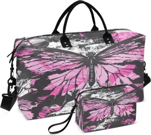 Travel Duffle Bag, Pink Butterfly Draft Gym Bag with Storage Bag Weekender Overnight Bag for Men Women Trip Sports Yoga