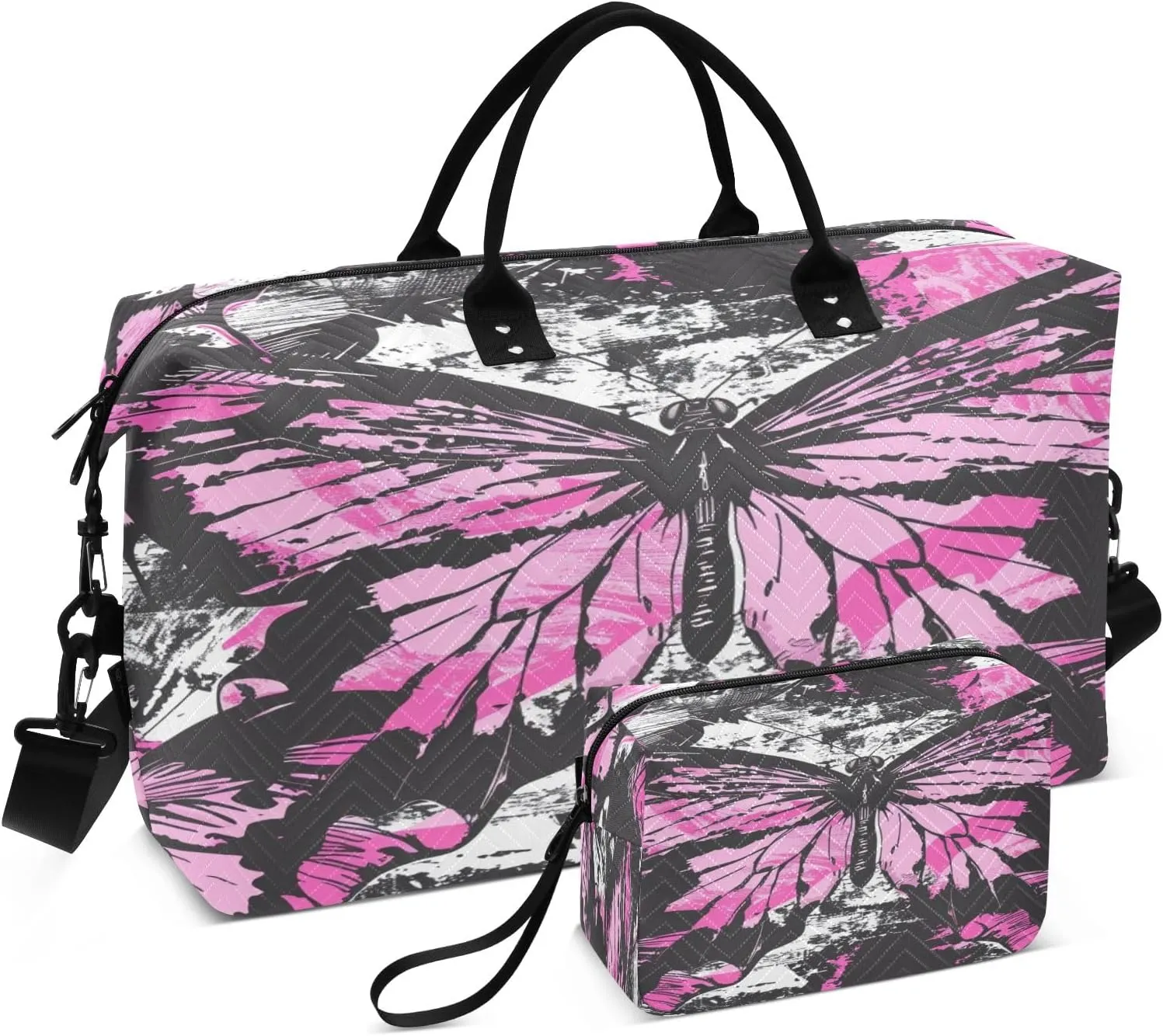 Travel Duffle Bag, Pink Butterfly Draft Gym Bag with Storage Bag Weekender Overnight Bag for Men Women Trip Sports Yoga
