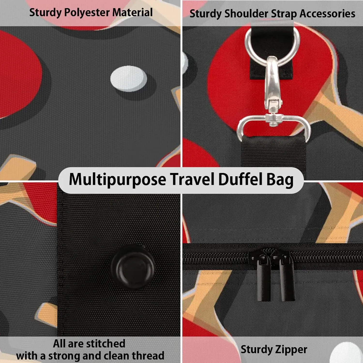 Travel Duffle Bag Sport Ping Pong Racket Sports Gym Bags for Women Men Weekender Overnight Bags Waterproof Carry On Tote Bag Workout Bag for Dance Swimming Yoga Hospital