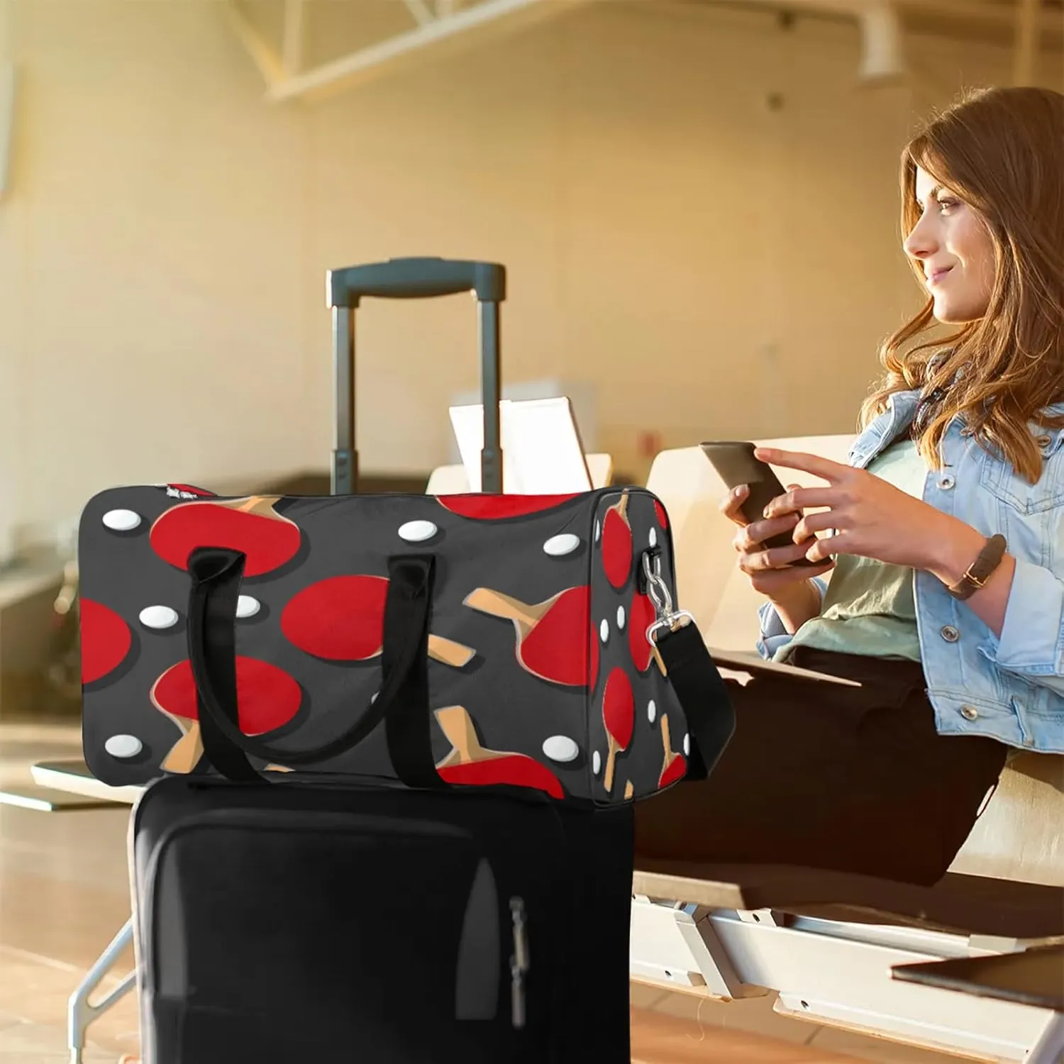 Travel Duffle Bag Sport Ping Pong Racket Sports Gym Bags for Women Men Weekender Overnight Bags Waterproof Carry On Tote Bag Workout Bag for Dance Swimming Yoga Hospital