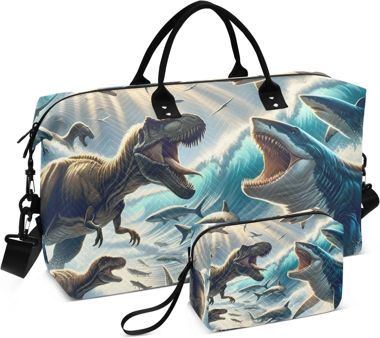 Travel Duffle Bag, The Struggle Between Dinosaurs and Sharks Gym Bag with Storage Bag Weekender Overnight Bag for Men Women Trip Sports Yoga