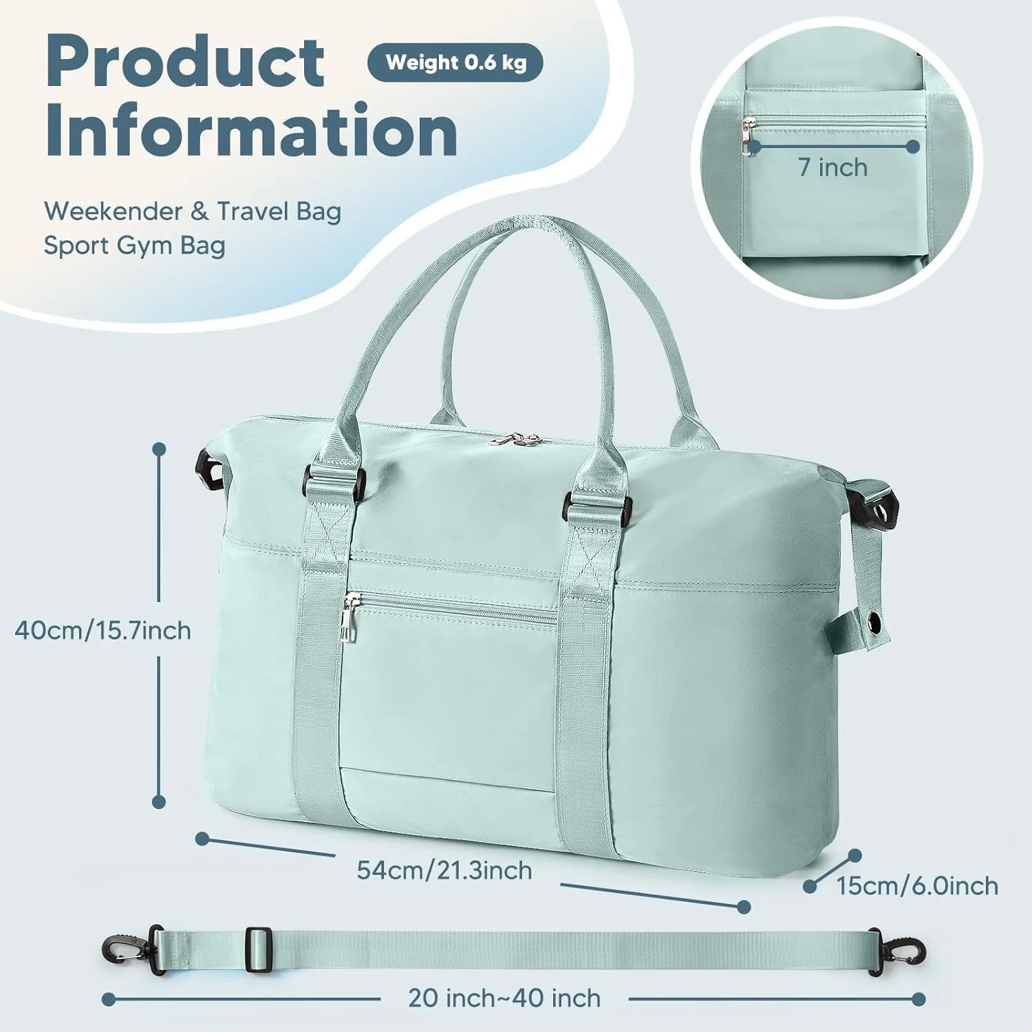 Travel Duffle Bag, Waterproof Weekender Bag for Women, Lightweight Carry on Sport Gym Bag for Women, Overnight Tote Luggage Bag with Trollery Sleeve (Cyan Green)