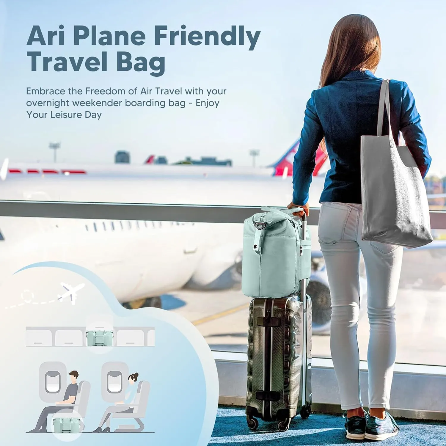 Travel Duffle Bag, Waterproof Weekender Bag for Women, Lightweight Carry on Sport Gym Bag for Women, Overnight Tote Luggage Bag with Trollery Sleeve (Cyan Green)