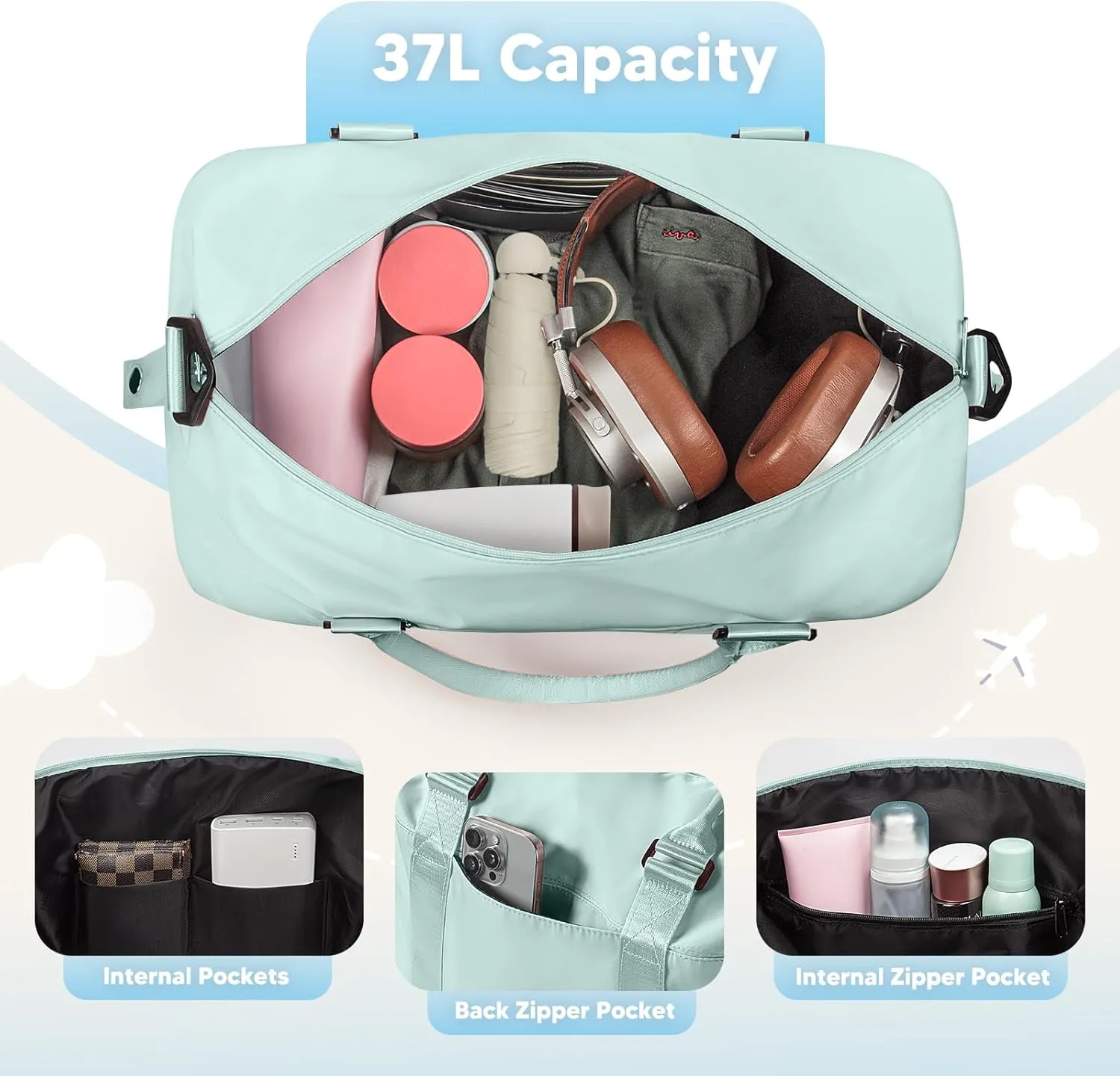 Travel Duffle Bag, Waterproof Weekender Bag for Women, Lightweight Carry on Sport Gym Bag for Women, Overnight Tote Luggage Bag with Trollery Sleeve (Cyan Green)