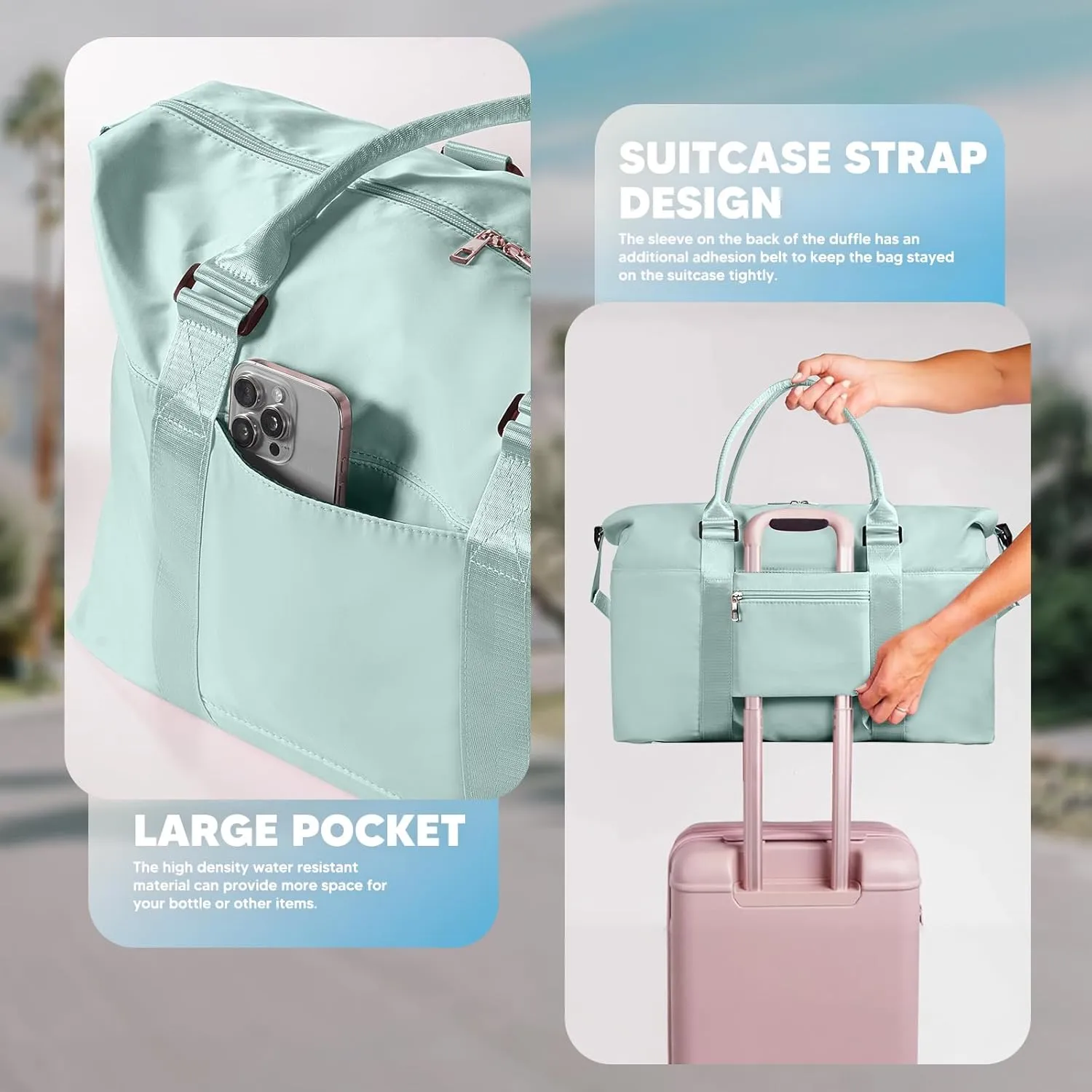Travel Duffle Bag, Waterproof Weekender Bag for Women, Lightweight Carry on Sport Gym Bag for Women, Overnight Tote Luggage Bag with Trollery Sleeve (Cyan Green)