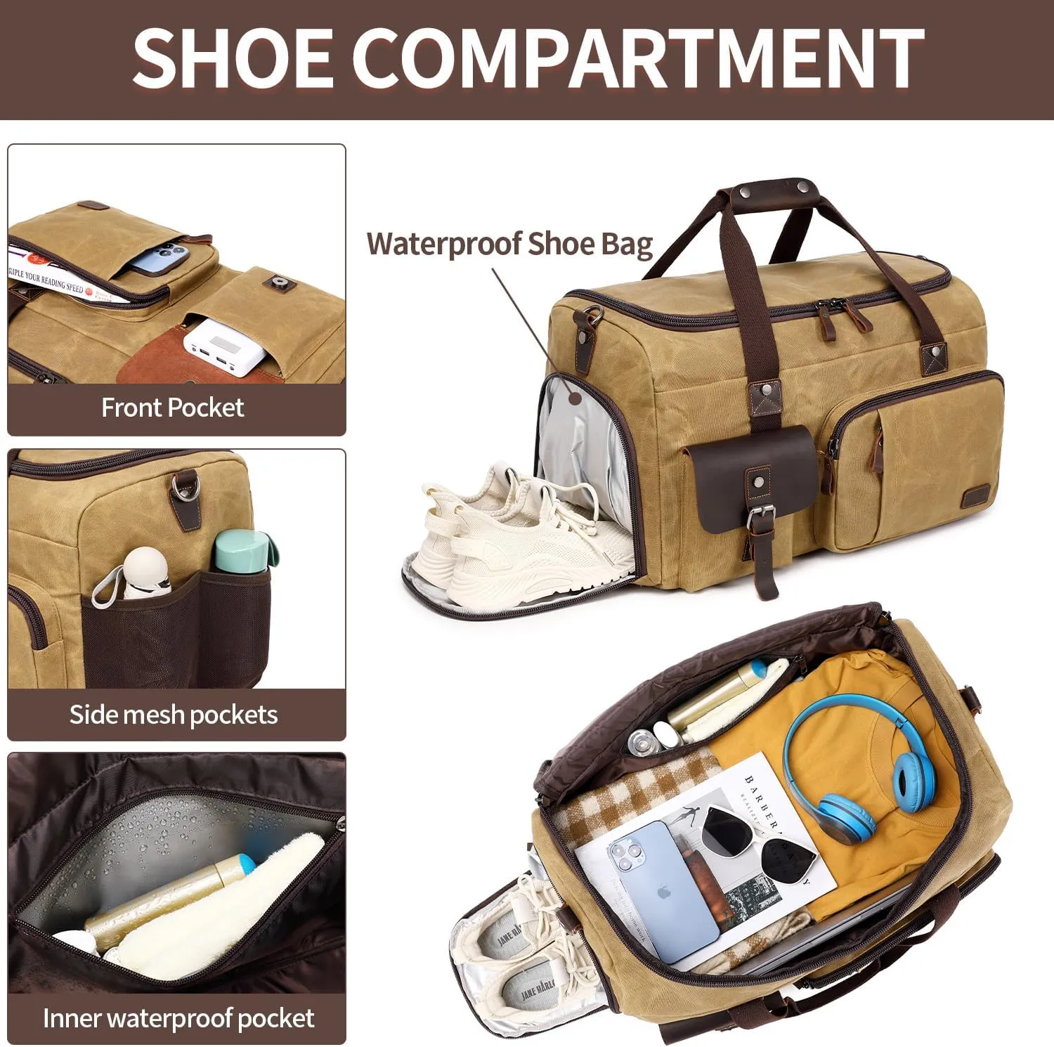 Travel Duffle Bag Weekender Bag with Shoe Compartment Overnight Bag for Men Travel Bag Carry On Lugguage Brown