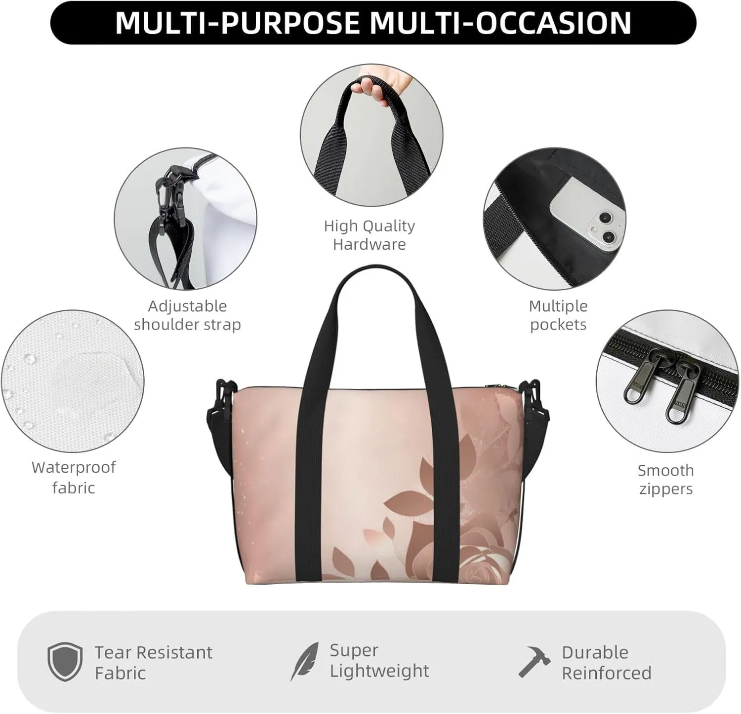 Travel Duffle Bag Weekender Bags for Men Women Adjustable Large Capacity Weekender Overnight Bag Carry On Tote Bags Waterproof Sport Gym Bag for Travel Yoga, Rose Gold Wallpaper, One Size