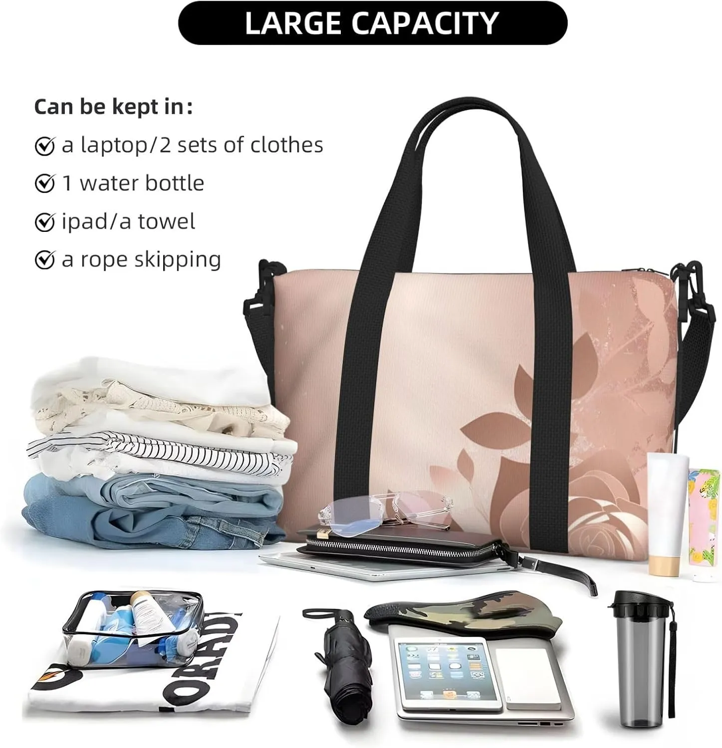 Travel Duffle Bag Weekender Bags for Men Women Adjustable Large Capacity Weekender Overnight Bag Carry On Tote Bags Waterproof Sport Gym Bag for Travel Yoga, Rose Gold Wallpaper, One Size