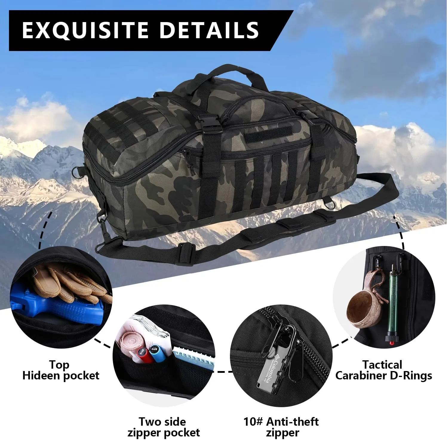 Travel Gym Duffle Bag Tactical, for Men Women Multi-functional Backpack, 3 in 1 Shoulder Bag Backpack Handbag for Sports Hiking Camping, Water Resistant & Easy Clean (Black Camo, 65L)