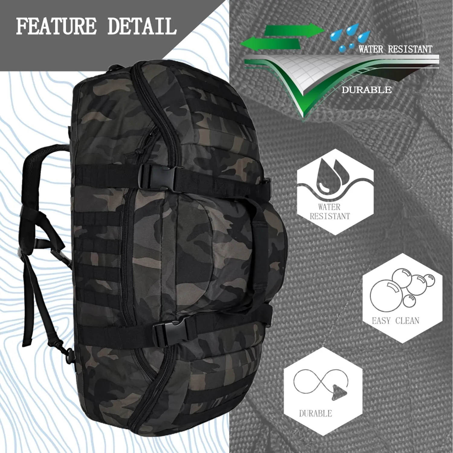 Travel Gym Duffle Bag Tactical, for Men Women Multi-functional Backpack, 3 in 1 Shoulder Bag Backpack Handbag for Sports Hiking Camping, Water Resistant & Easy Clean (Black Camo, 65L)