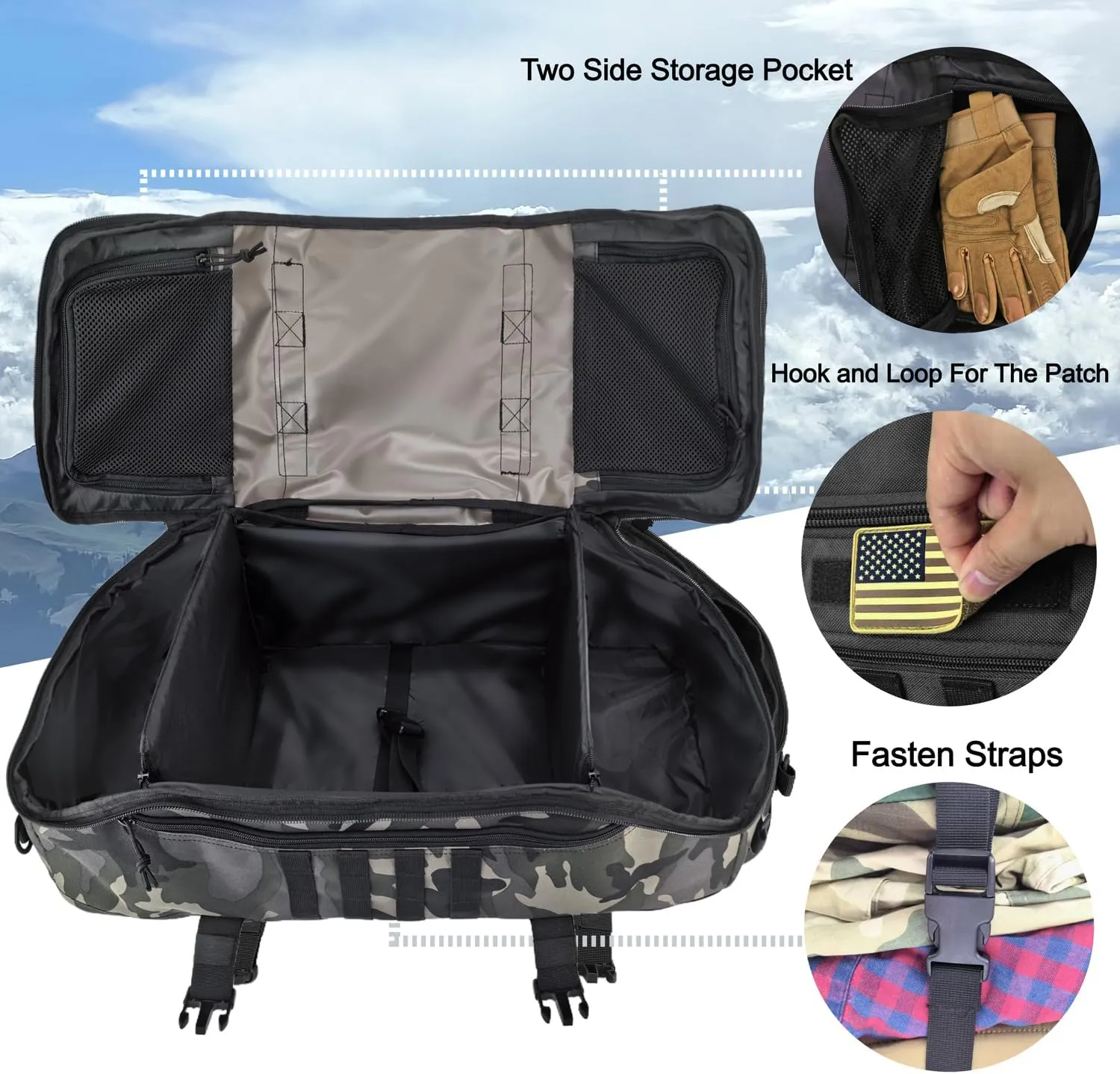Travel Gym Duffle Bag Tactical, for Men Women Multi-functional Backpack, 3 in 1 Shoulder Bag Backpack Handbag for Sports Hiking Camping, Water Resistant & Easy Clean (Black Camo, 65L)