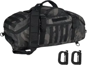 Travel Gym Duffle Bag Tactical, for Men Women Multi-functional Backpack, 3 in 1 Shoulder Bag Backpack Handbag for Sports Hiking Camping, Water Resistant & Easy Clean (Black Camo, 65L)
