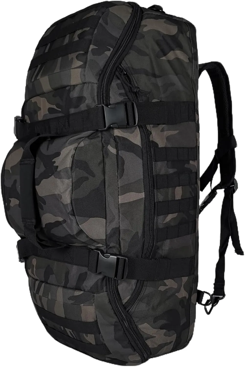 Travel Gym Duffle Bag Tactical, for Men Women Multi-functional Backpack, 3 in 1 Shoulder Bag Backpack Handbag for Sports Hiking Camping, Water Resistant & Easy Clean (Black Camo, 65L)