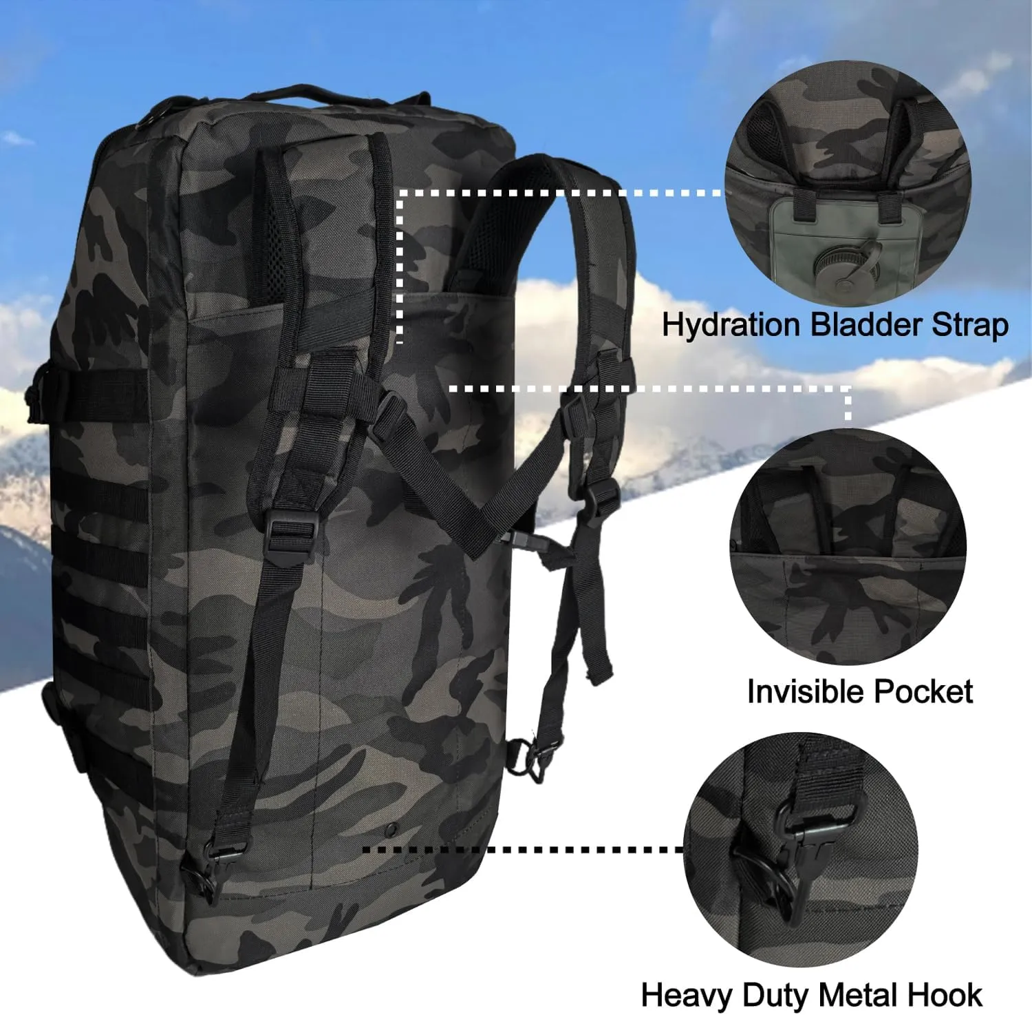 Travel Gym Duffle Bag Tactical, for Men Women Multi-functional Backpack, 3 in 1 Shoulder Bag Backpack Handbag for Sports Hiking Camping, Water Resistant & Easy Clean (Black Camo, 65L)