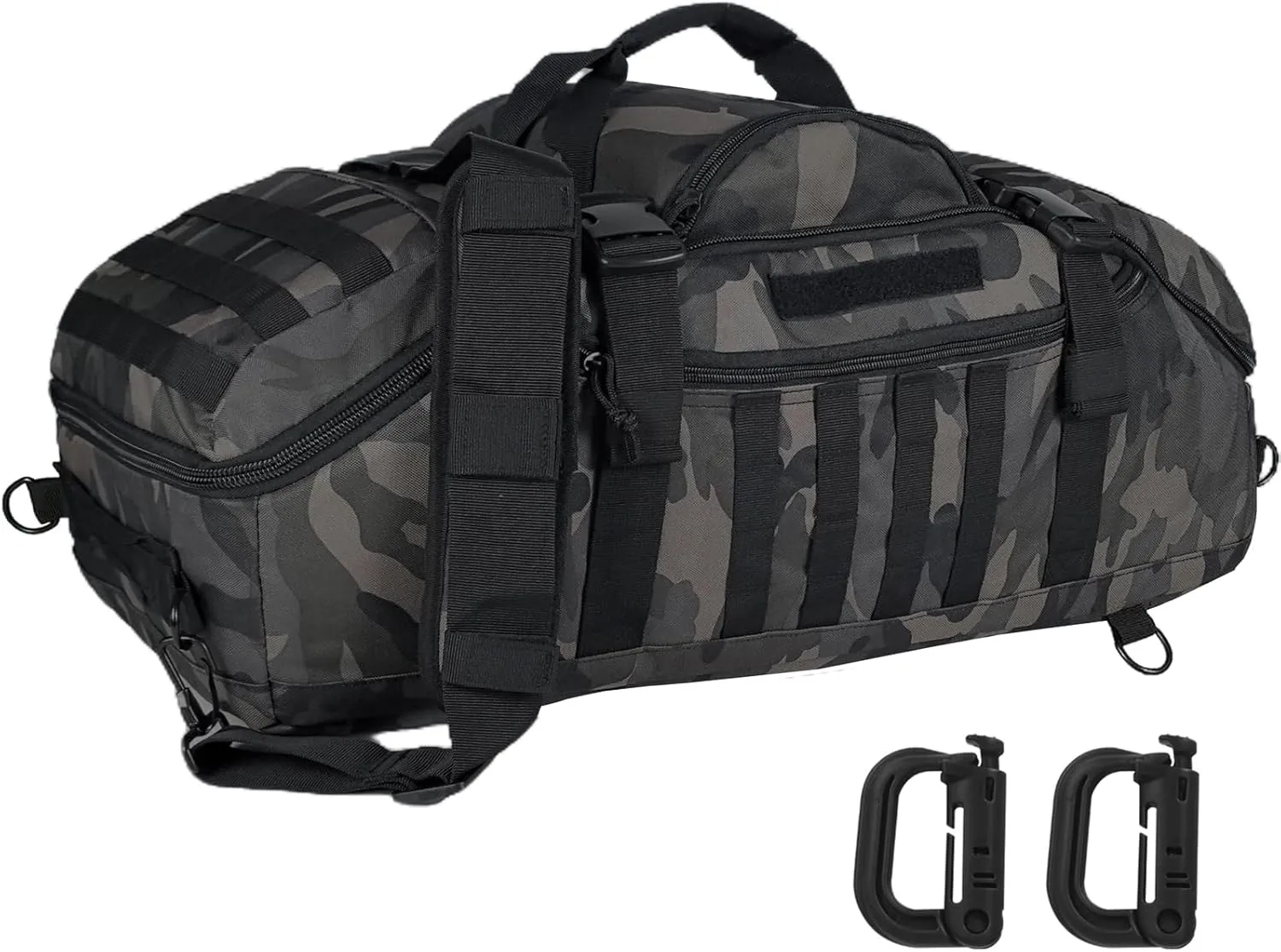 Travel Gym Duffle Bag Tactical, for Men Women Multi-functional Backpack, 3 in 1 Shoulder Bag Backpack Handbag for Sports Hiking Camping, Water Resistant & Easy Clean (Black Camo, 65L)