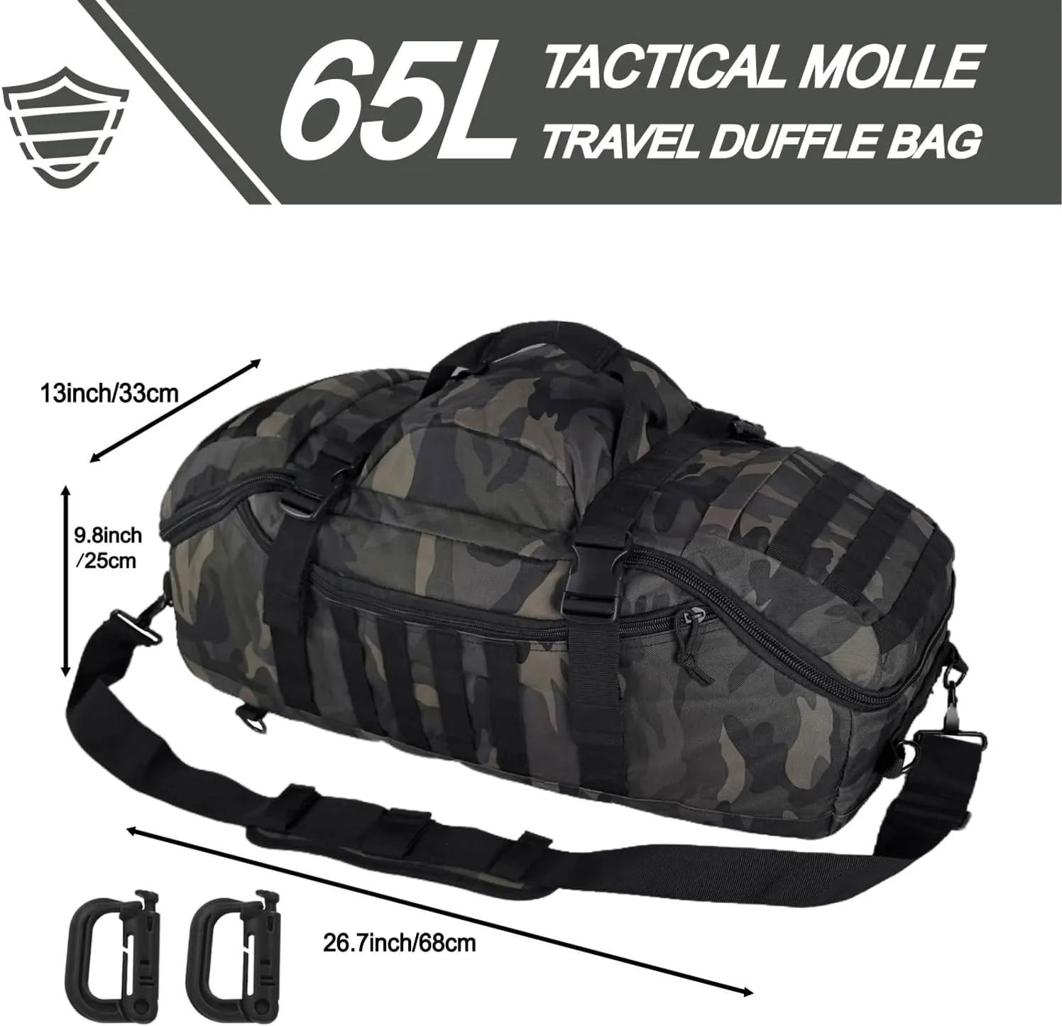Travel Gym Duffle Bag Tactical, for Men Women Multi-functional Backpack, 3 in 1 Shoulder Bag Backpack Handbag for Sports Hiking Camping, Water Resistant & Easy Clean (Black Camo, 65L)