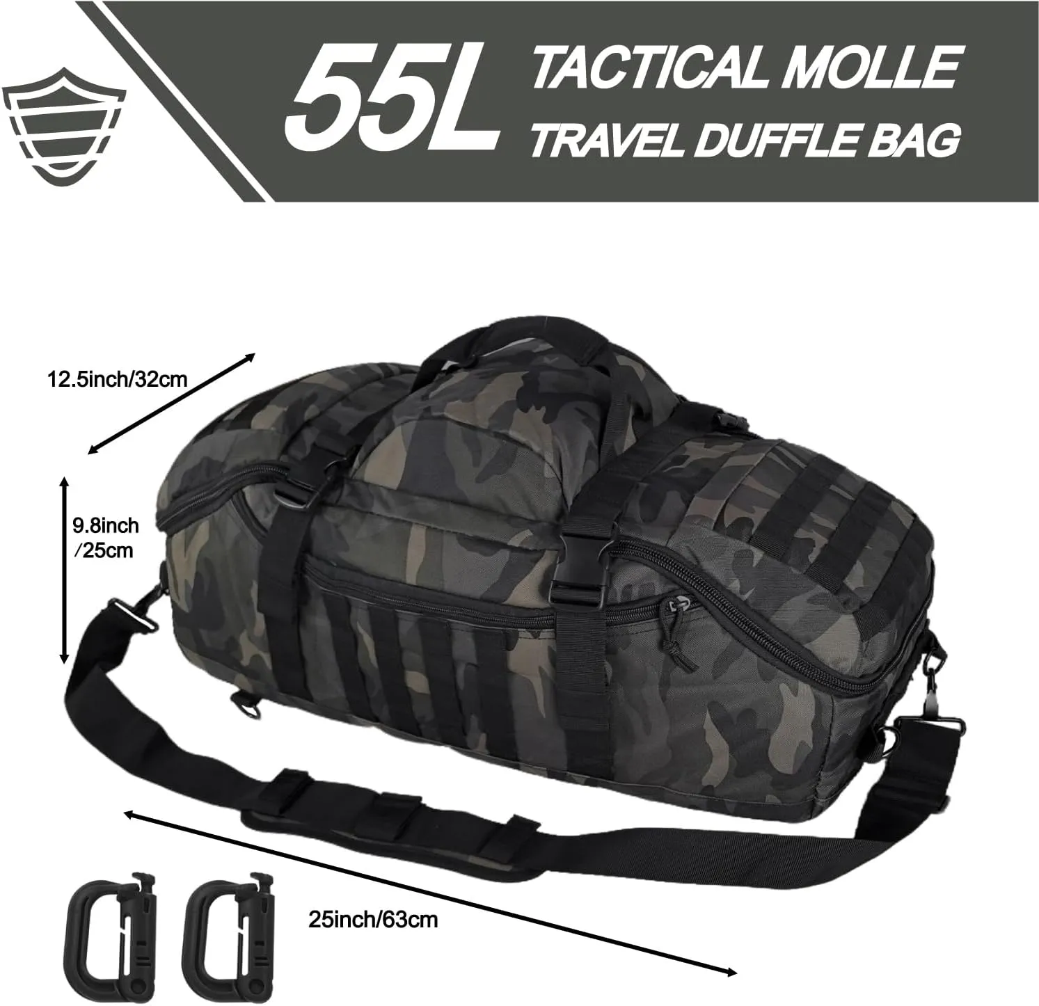 Travel Gym Duffle Bag Tactical, for Men Women Multi-functional Backpack, 3 in 1 Shoulder Bag Backpack Handbag for Sports Hiking Camping, Water Resistant Easy Clean (Black Camo, 55L)