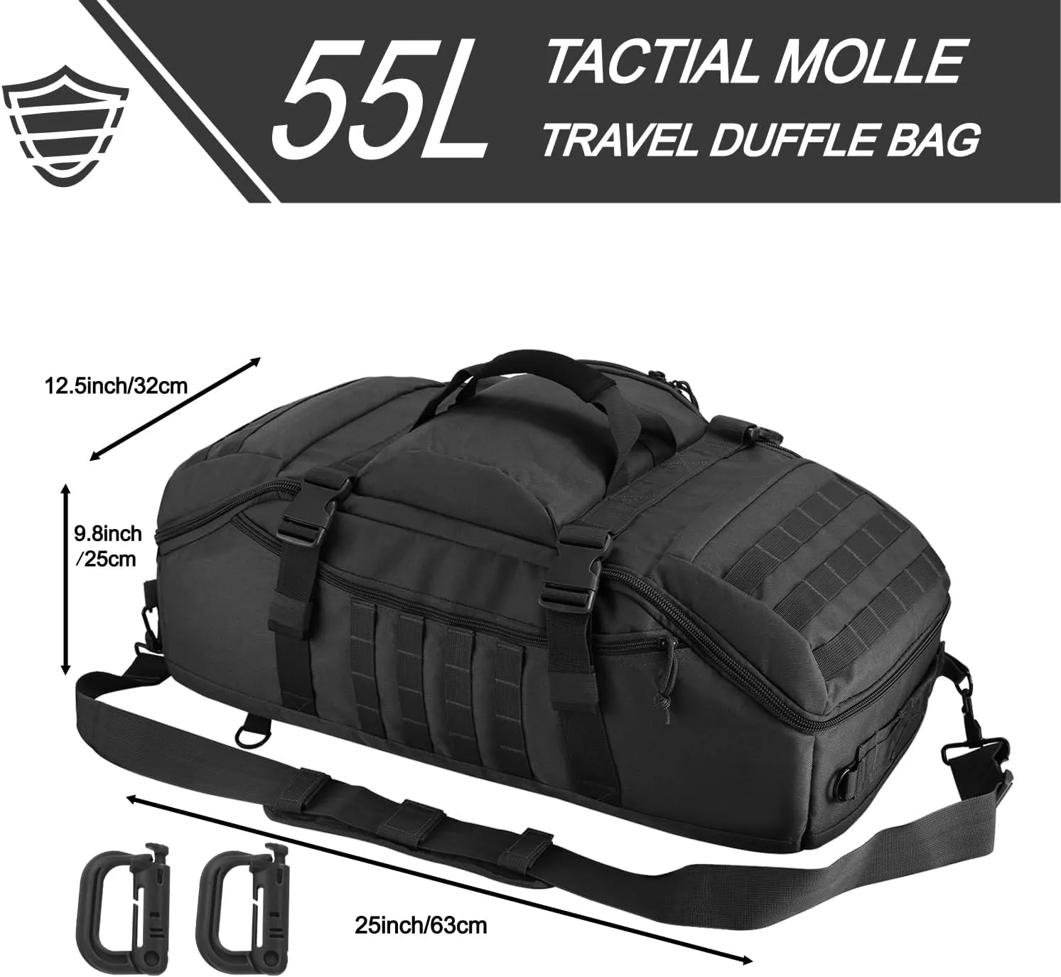 Travel Gym Duffle Bag Tactical, for Men Women Multi-functional Backpack,3 in 1 Shoulder Bag Backpack Handbag for Sports Hiking Camping, Water Resistant & Easy Clean (Black, 55L)