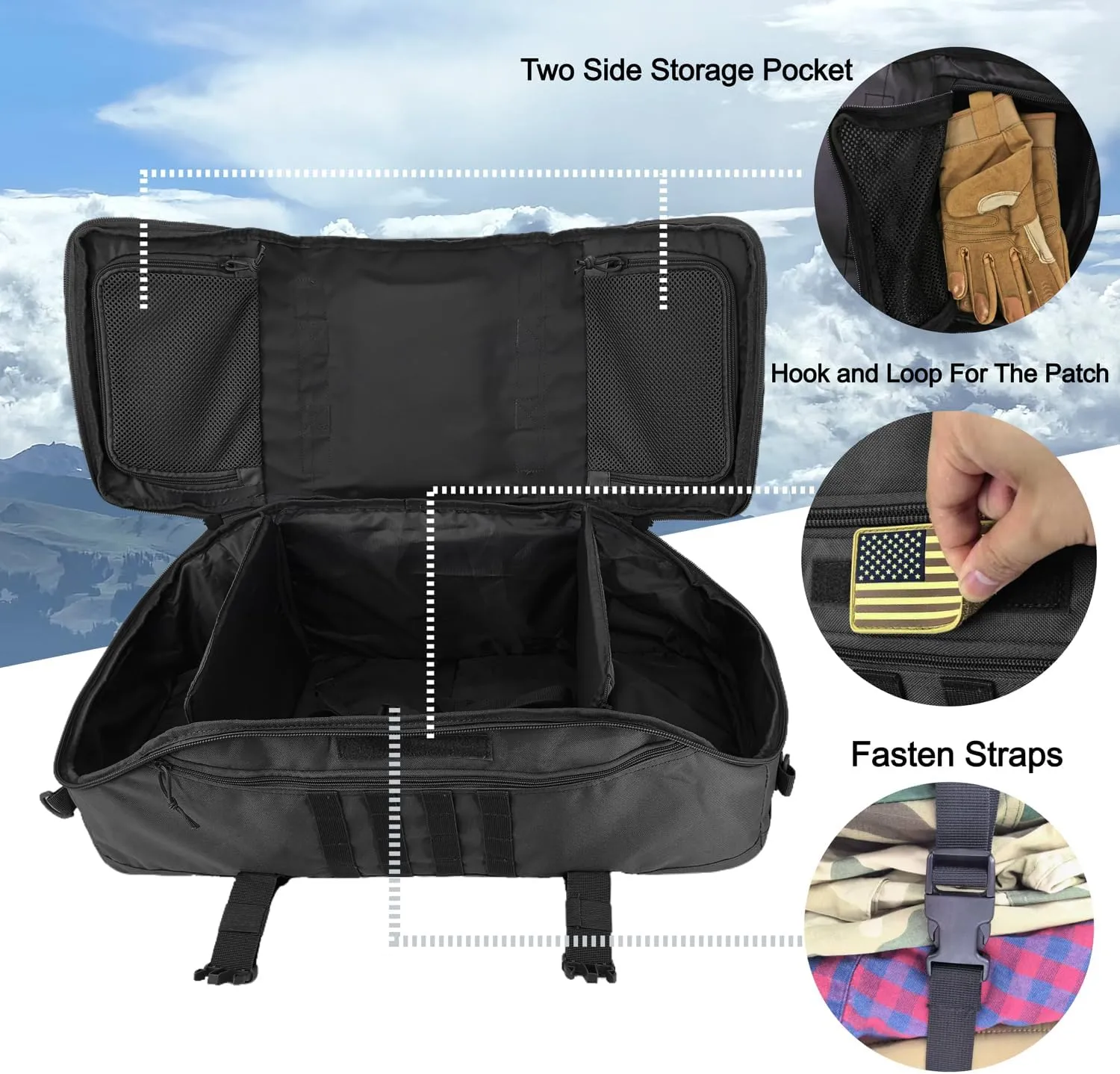 Travel Gym Duffle Bag Tactical, for Men Women Multi-functional Backpack,3 in 1 Shoulder Bag Backpack Handbag for Sports Hiking Camping, Water Resistant & Easy Clean (Black, 55L)