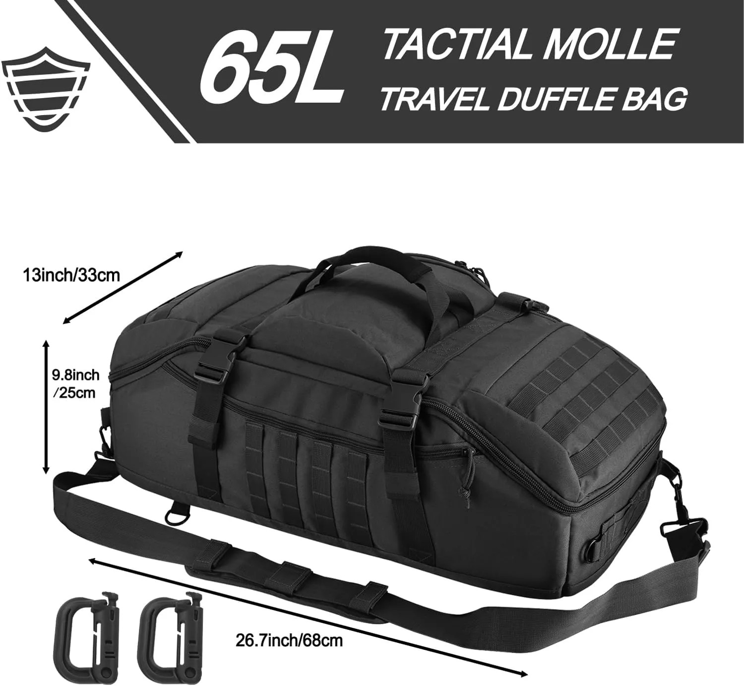 Travel Gym Duffle Bag Tactical, for Men Women Multi-functional Backpack,3 in 1 Shoulder Bag Backpack Handbag for Sports Hiking Camping, Water Resistant & Easy Clean (Black, 65L)