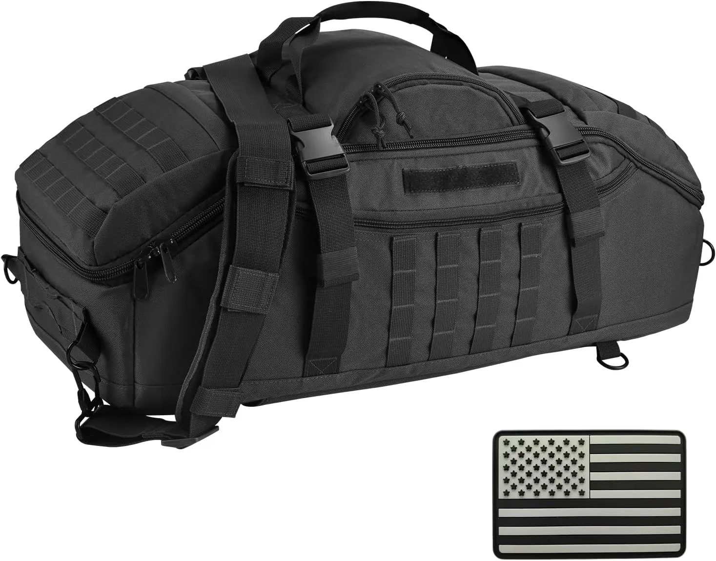 Travel Gym Duffle Bag Tactical, for Men Women Multi-functional Backpack,3 in 1 Shoulder Bag Backpack Handbag for Sports Hiking Camping, Water Resistant & Easy Clean with National Flag (Black, 65L)
