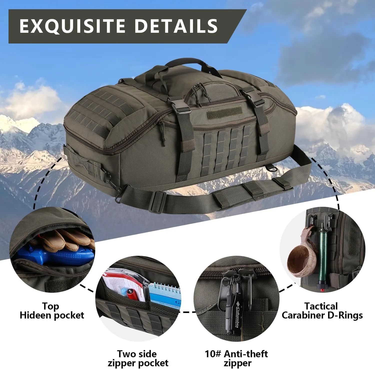 Travel Gym Duffle Bag Tactical, Gear Backpack for Men Women, Large Duffle Hand Bag for Travel, 3 in 1 Shoulder Backpack for Sports Hiking Camping, Water Resistant & Easy Clean (Army Green, 55L)