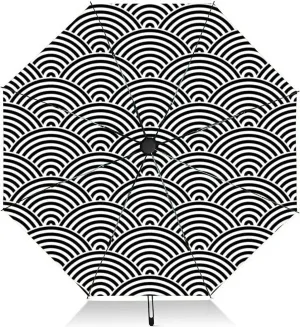 Travel Umbrella for Rain Windproof Fish scale Abstract design Black striped concentric circles Automatic Cute Portable Compact Umbrella for Women Purse Backpack Car Black Sun UV Protection