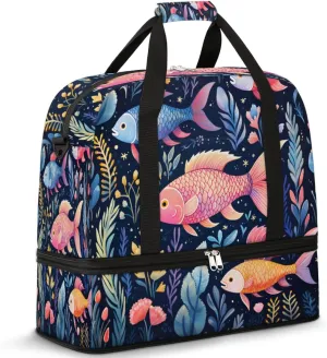 Travel Weekend Bag Fish Sports Tote Gym Bags for Women Men, Ocean Seaweed Shoulder Weekender Overnight Bag with Shoes