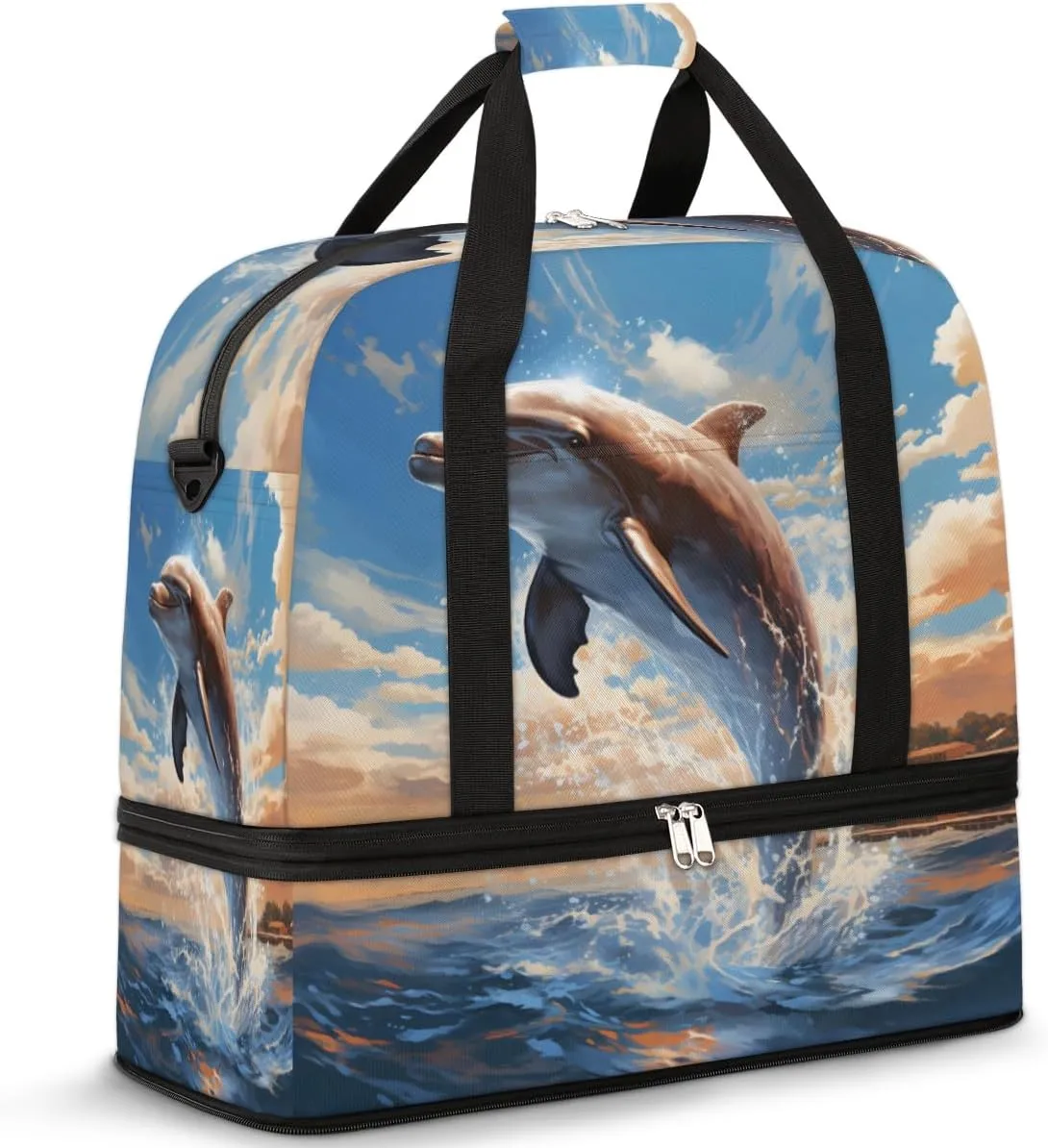 Travel Weekend Bag Ocean Dolphin Sports Tote Gym Bags for Women Men, Aquatic Animal Shoulder Weekender Overnight Bag with Shoes