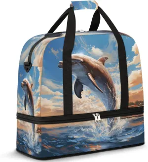 Travel Weekend Bag Ocean Dolphin Sports Tote Gym Bags for Women Men, Aquatic Animal Shoulder Weekender Overnight Bag with Shoes