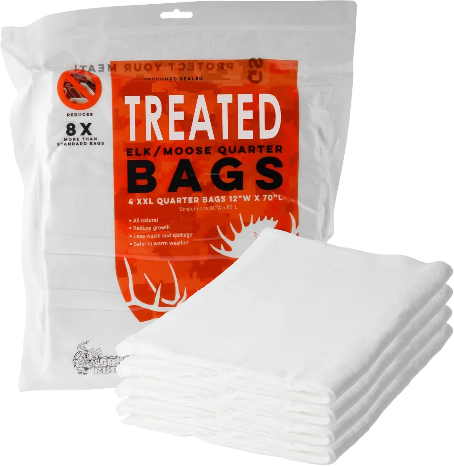 Treated Heavy Duty Game Bags | Available in Packs of 4 Deer, Elk, or Moose Quarter Bags, or as a Single Deer Full Body Bag | Reusable, Breathable & Stretchable Meat Bags | Vacuum Sealed