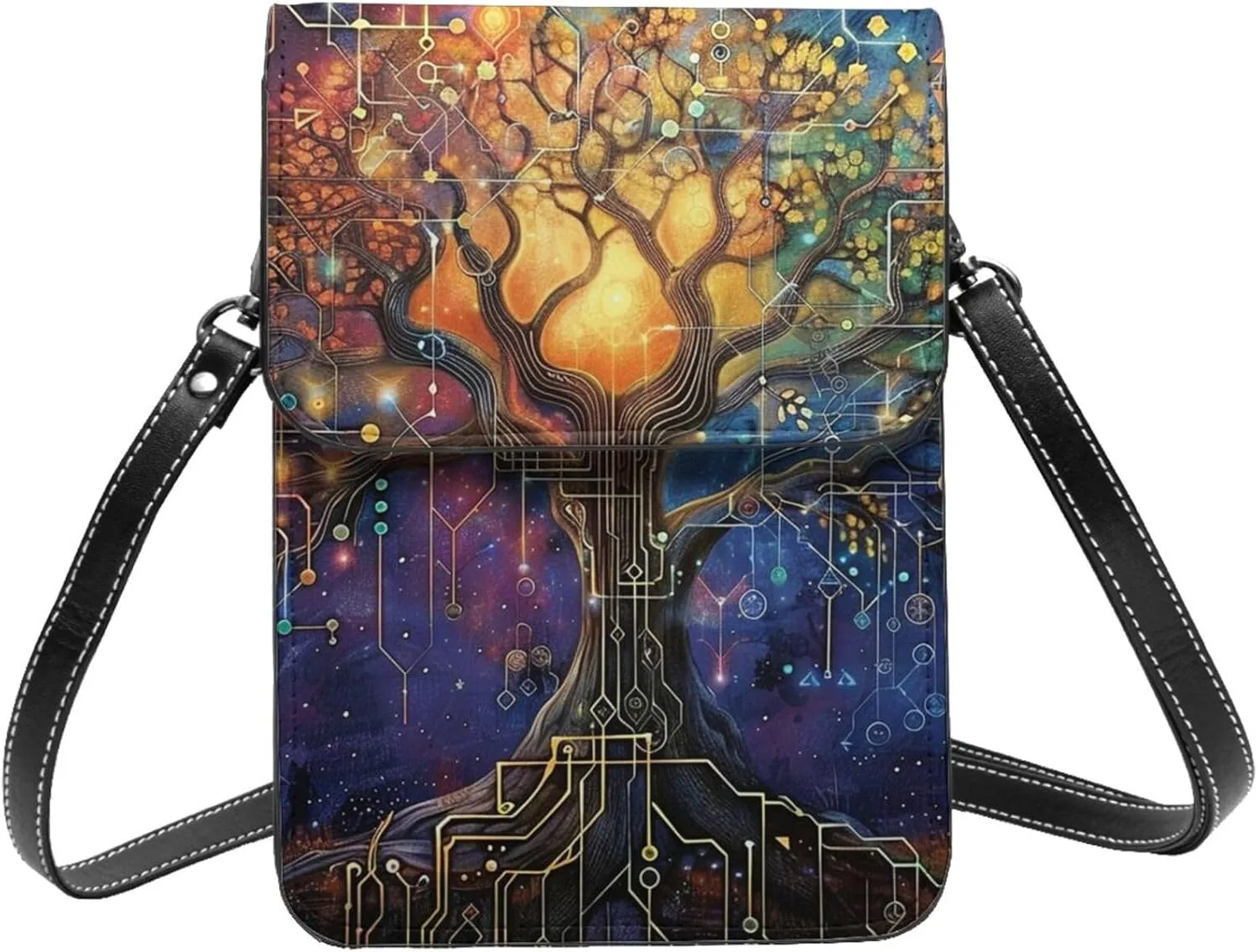 Tree Of Life Cosmic Galaxy Futuristic Sacred Geometry Crossbody Cell Phone Purse For Women Teen Girls Leather Small Crossbody Bag Mini Phone Pouch Purse, 7.5x5.3 Inches