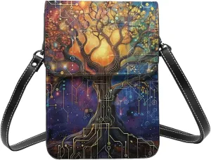 Tree Of Life Cosmic Galaxy Futuristic Sacred Geometry Crossbody Cell Phone Purse For Women Teen Girls Leather Small Crossbody Bag Mini Phone Pouch Purse, 7.5x5.3 Inches