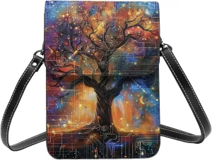 Tree Of Life Sacred Geometry Cosmic Galaxy Futuristic Crossbody Cell Phone Purse For Women Teen Girls Leather Small Crossbody Bag Mini Phone Pouch Purse, 7.5x5.3 Inches