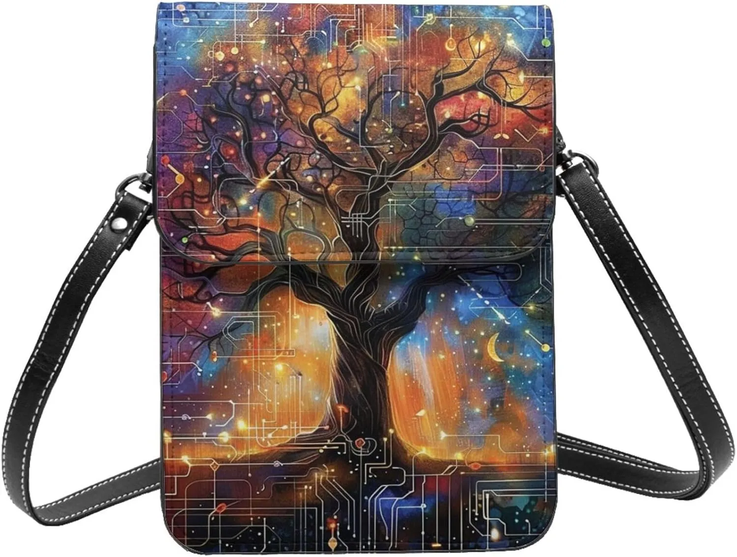 Tree Of Life Sacred Geometry Cosmic Galaxy Futuristic Crossbody Cell Phone Purse For Women Teen Girls Leather Small Crossbody Bag Mini Phone Pouch Purse, 7.5x5.3 Inches
