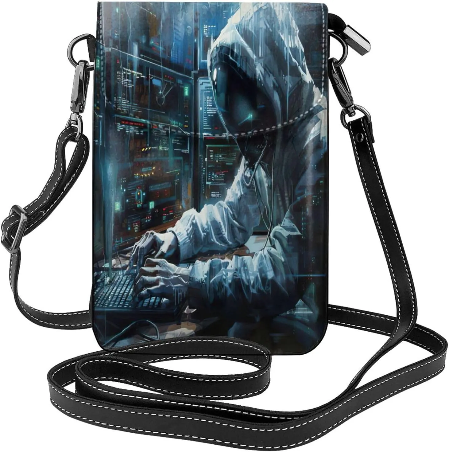 Trendy mini Hacker Attack print crossbody cell phone bag for women,everyday use and travel handbag