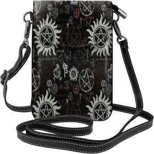 Trendy mini Supernatural Symbols Black print crossbody cell phone bag for women,everyday use and travel handbag