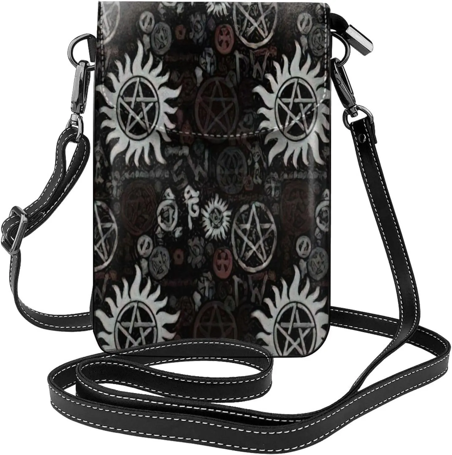 Trendy mini Supernatural Symbols Black print crossbody cell phone bag for women,everyday use and travel handbag