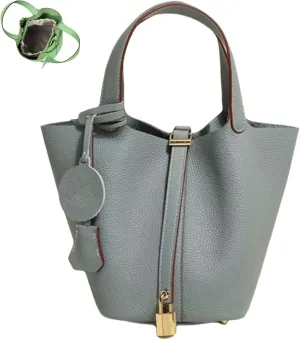 Trendy Plain Color Leather Handbag with Lock Design, Stylish Lock Design Bucket Bags, Leather Handbags for Women