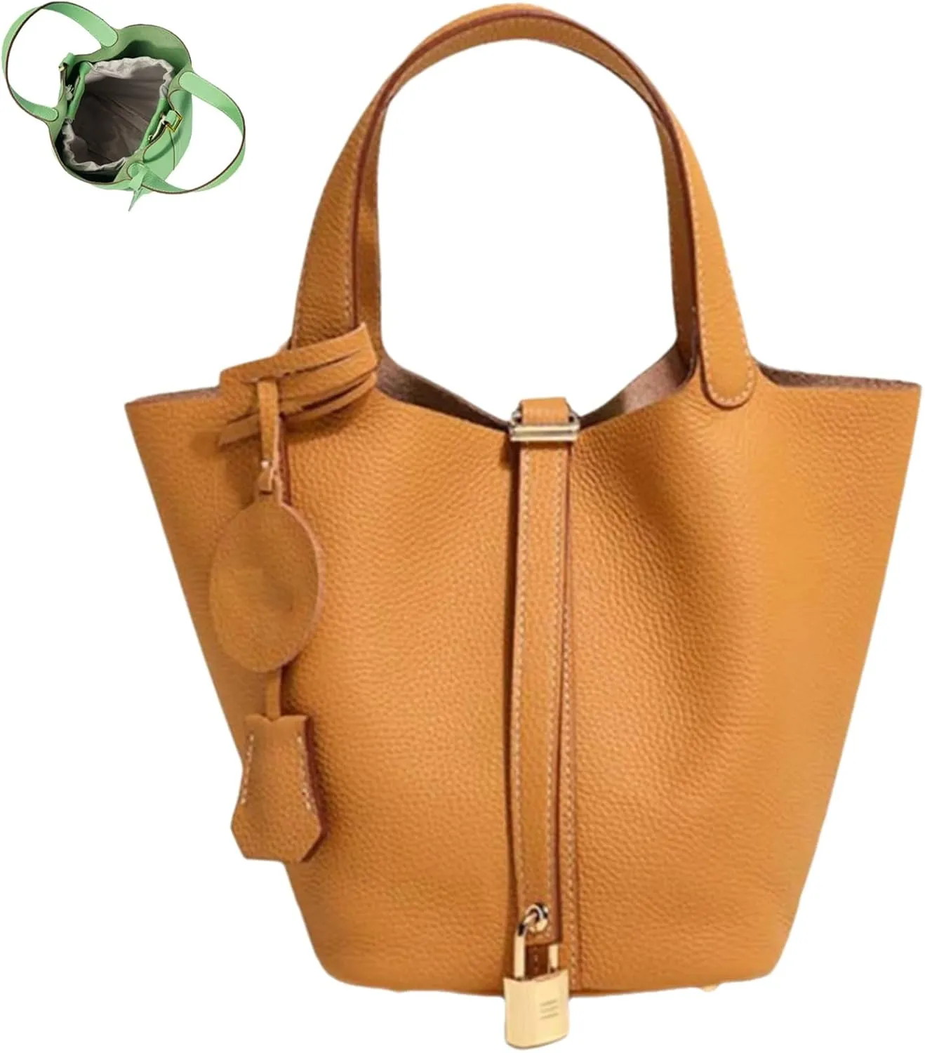 Trendy Plain Color Leather Handbag with Lock Design, Stylish Lock Design Bucket Bags, Leather Handbags for Women