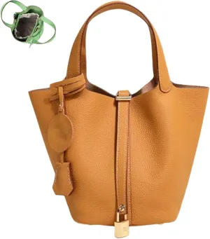 Trendy Plain Color Leather Handbag with Lock Design, Stylish Lock Design Bucket Bags, Leather Handbags for Women
