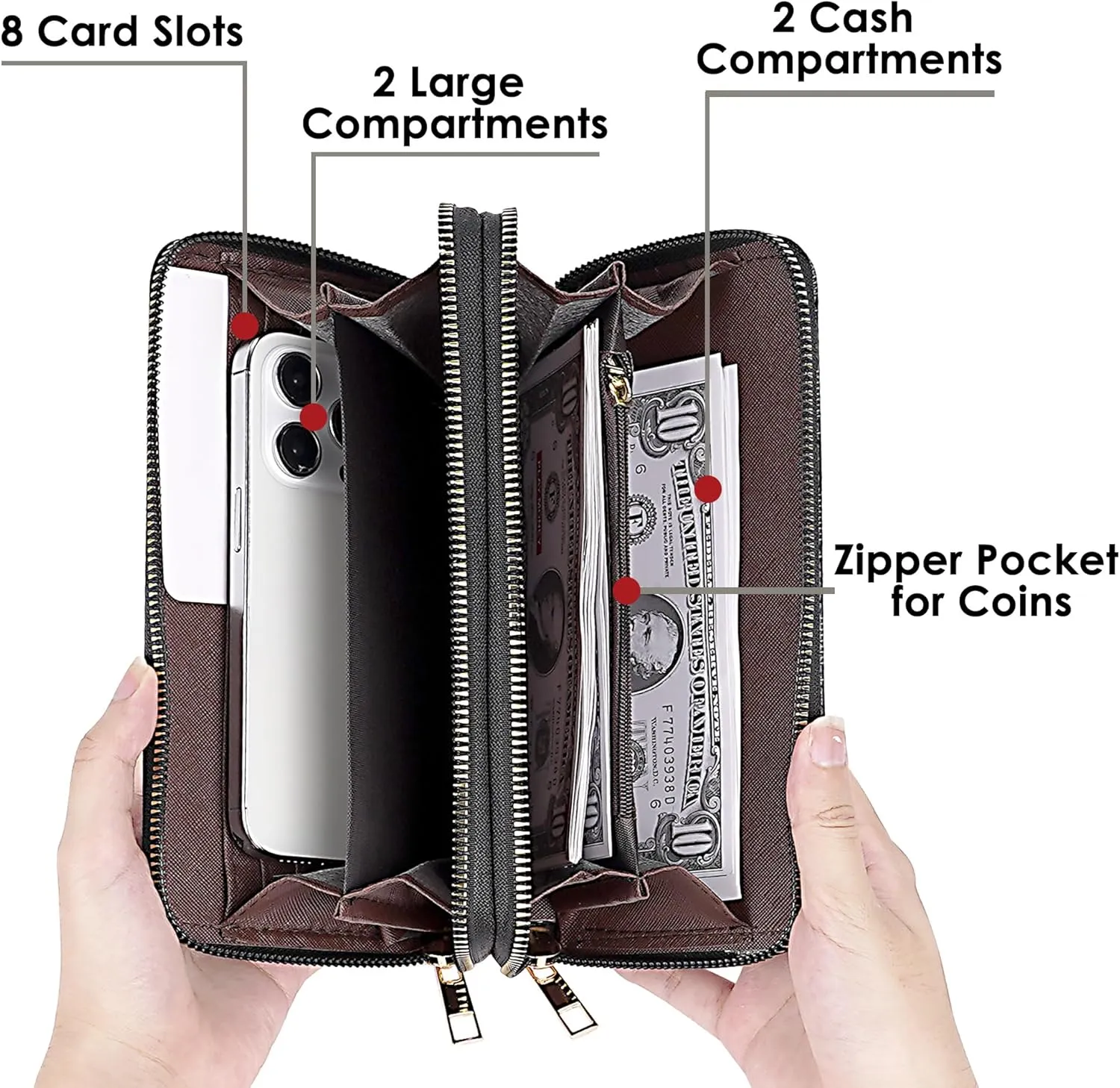 Triangle Pattern Wallet, Double Zipper Pockets, PU Leather Cellphone Purse Credit Card Cash Holder, Black and Gray Grid